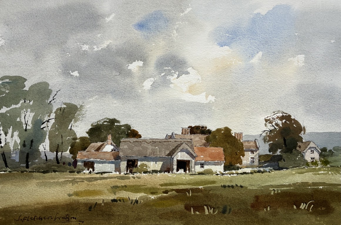 Edward Wesson watercolour painting - Farm at Stockton, Wiltshire, (Farm Buildings - Summer)